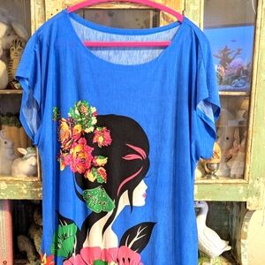 Floral Graphic Blue Women's Top Or Mini Dress
